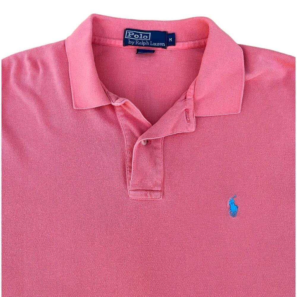VTG Polo Ralph Lauren Coral Pink Short Sleeve Polo Shirt Teal Pony Logo Mens Med